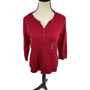 Karen Scott Womens Henley Top Red 3/4 Sleeve Cotton Casual Classic PM Petite